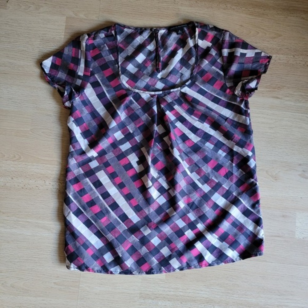 Banana Republic Plaid Silk Short Sleeve Scoop Neck‎ Top Women Size S
